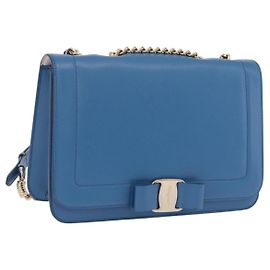 Bolsa de Ombro Salvatore Ferragamo Vala Chain em Couro Azul e Ouro Autêntica 207221V Azul Dourado