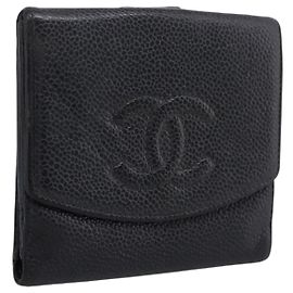 Portafoglio CHANEL Caviar Skin Black Gold CC Auth 207488 Nero D'oro