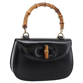 Bolsa de mão GUCCI Bamboo em couro 2way Preta Dourada 000 926 0633 Auth ep16411V Preto Dourado