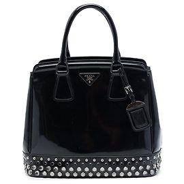Black Prada Spazzolato Leather Studded Crystal Tote Black