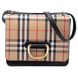 Beige Burberry Small Goatskin Trimmed House Check Canvas D Ring Crossbody Beige
