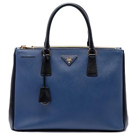Blue Prada Medium Bicolor Saffiano Lux Galleria Double Zip Satchel Blue