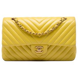 Yellow Chanel Medium Classic Chevron Lambskin Double Flap Shoulder Bag Yellow