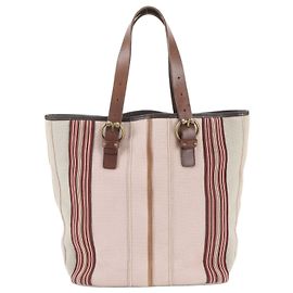 Saco Tote Bottega Veneta em couro e lona riscada Rosa