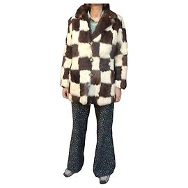 Autre Marque Cappotto vintage in pelliccia di coniglio a scacchi Marrone Bianco