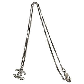 CHANEL Coco Mark Metal Rhinestone Necklace Silvery