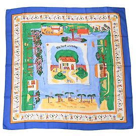 Hermès Lenço Hermes Carre 90 RETOUR A LA TERRE para Mulher Azul Multicor Verde Laranja