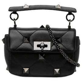 Bolsa Satchel Valentino Small Nappa Monochrome Roman Stud Preta Preto