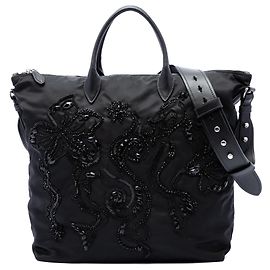 Borsa tote convertibile Prada in Tessuto nero con perline e applicazioni floreali Nero