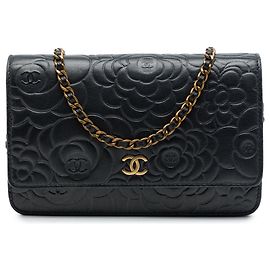 Chanel Black CC Embossed Lambskin Camellia Wallet On Chain Black