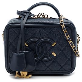 Chanel Blue Small Caviar CC Filigree Vanity Case Bleu Bleu Marine