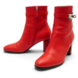Hermès HERMES SAINT GERMAIN KELLY BUCKLE ANKLE BOOTS H182102Z 38 IN RED LEATHER BOOTS Red