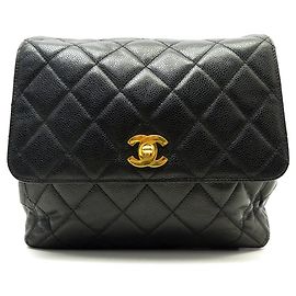 VINTAGE SAC A DOS CHANEL FERMOIR TIMELESS LOGO CC CUIR CAVIAR BACKPACK BAG Noir