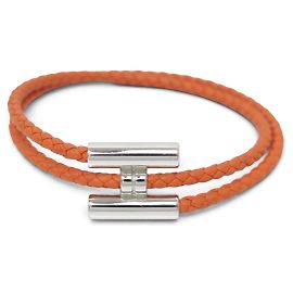 Hermès NEUES HERMES TOURNIS ARMBAND H068406FP PALLADIUM ORANGES FLECHTLEDER BANGLE Orange