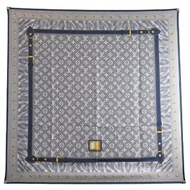 NEW LOUIS VUITTON CARRE STUDY DENIM MONOGRAM 90 CM SILK BLUE SCARF Blue