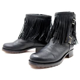 BOTINES VALENTINO ROCKSTUD CON FLECOS DE CUERO NEGRO 39 FRINGE MOTO BIKER BOOTS Negro