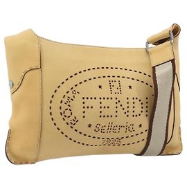 FENDI Celeria Shoulder Bag Leather Beige Silver 8BT113 Auth BA16119 Silvery Beige