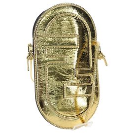 FENDI Shoulder Pouch Leather Gold Auth 206841M Golden