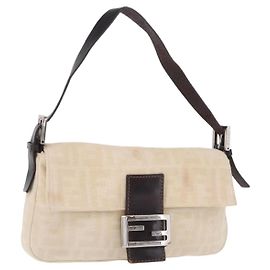 Bolsa de Ombro FENDI Zucca Canvas Mamma Baguette Ivory Silver Auth 205920 Prata Cru
