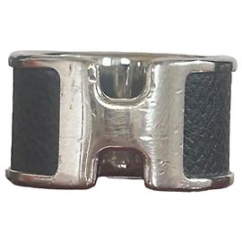 Hermès "H" Ring in Silver and Black Leather size M Black Silver hardware