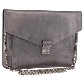 Christian Dior Schultertasche mit Kette Leder Silver Auth ka6506 Silber