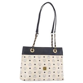 MCM Vicetos Logogram Chain Tote Bag PVC Leather White Gold Auth 202498 Tragetasche Weiß Golden