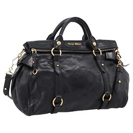 Bolsa de Mão Miu Miu Vitellolux 2way Black Gold Auth 207617SAM Preto Dourado