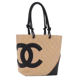 CHANEL Cambon Line Matelasse Tote Bag Leather Beige Silver CC Auth 206839V Silvery Beige