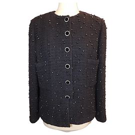 Chanel Giacca Tweed Nero Perline Logo CC Taglia 44 Nero