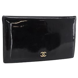 CHANEL Long Wallet Patent leather Black Gold CC Altro