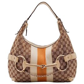 Bolsa Hobo Gucci em tela monogramada com riscas Bege Laranja Monograma