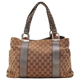 Sac cabas Gucci Monogram Canvas Bamboo Shopper Marron Beige