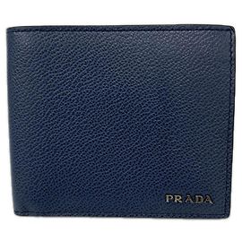Prada Vitello Daino Triangle Logo Bi-fold Wallet Navy blue