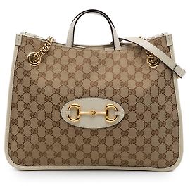 Borsa Tote Gucci Beige Medium GG Canvas Horsebit 1955 con catena Beige