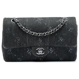 Chanel Black Medium Classic Printed Denim Double Flap Nero