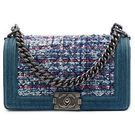 Chanel Blue Old Medium Quilted Denim and Tweed Boy Flap Azul