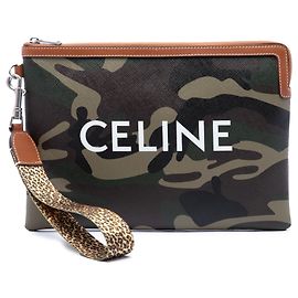 Céline Celine Green Small Camouflage Coated Canvas Pouch with Strap Green Olive green