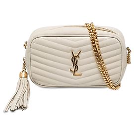 Autre Marque Sac caméra Saint Laurent Lou à pompon en cuir grain de poudre blanc avec monogramme mini Blanc Blanc cassé