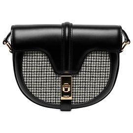 Céline Celine Besace 16 Crossbody Pequena em Pele de Bezerro e Tweed Preto Preto