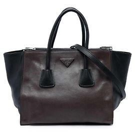 Bolsa Prada Brown Bicolor Glace Calf Twin Pocket Double Handle Satchel Marrom Castanho escuro