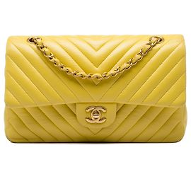 Chanel Yellow Medium Classic Chevron Lambskin Double Flap Amarillo