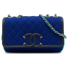 Chanel Blue Small Tricolor Jersey CC Filigree Flap Azul