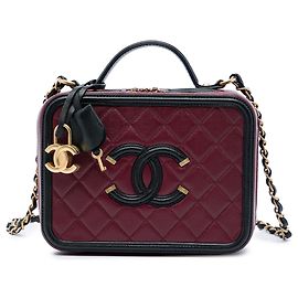 Chanel Red Medium Bicolor Caviar CC Filigree Vanity Case Rosso Bordò