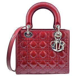 Borsa a tracolla Christian Dior Lady Medium Cannage in vernice smaltata rossa Rosso
