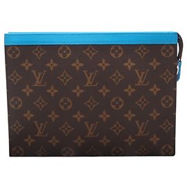 Louis Vuitton Monogram Macassar Pochette Voyage Clutch Bag Brown Blue Beige