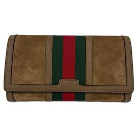 Gucci Suede Web Leather Zip-Around Wallet Brown Red Green
