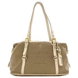 Borsa Tote Prada Logo in tela Marrone Crudo
