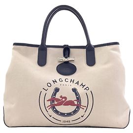 Borsa Tote Longchamp Le Roseau Bianco Blu navy