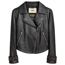 Fendi Bikerjacke aus schwarzem Leder mit Zucca-Samtbesatz Braun Schwarz