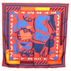 Hermès Lenço HERMES Carre 90 "PUZZLE" Seda Laranja Auth 206427M Laranja